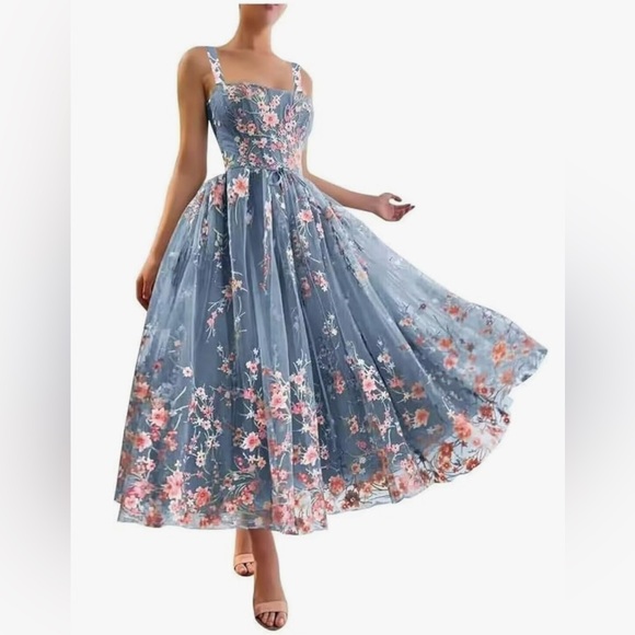 Amazon Dresses & Skirts - Amazon Size 12 Blue & Pink Floral Cottagecore Fairy Coquette Boho Midi Dress